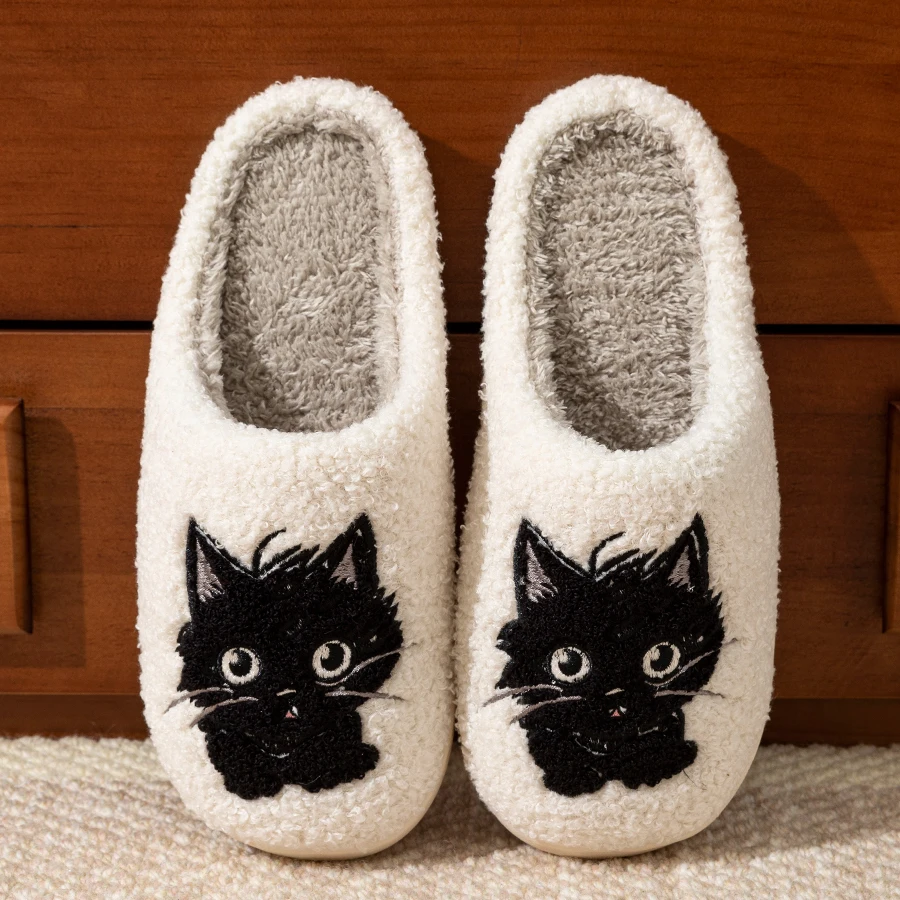 Winter Women\'s Slippers Indoor Cartoon Black Cat Cute Girls Slipper Bedroom Anti-slip Soft Sole Comfortable Cotton Homeshoes