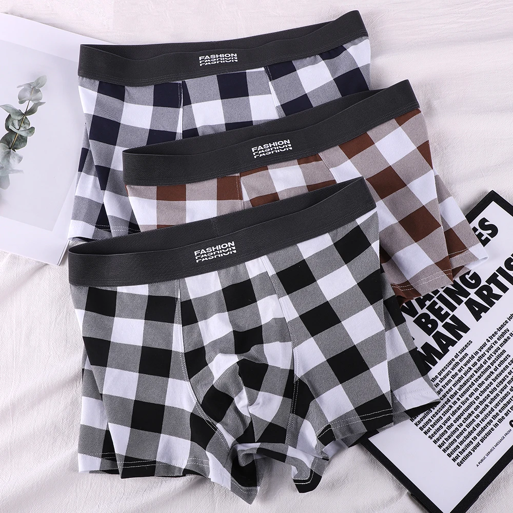 Paquete de 3 Calzoncillos de Hombre a Cuadros Grandes, 100% Algodón, Tejido Transpirable e Higroscópico, Ropa Interior Masculina de Alta Elasticidad y Suavidad, Bóxers Hombre