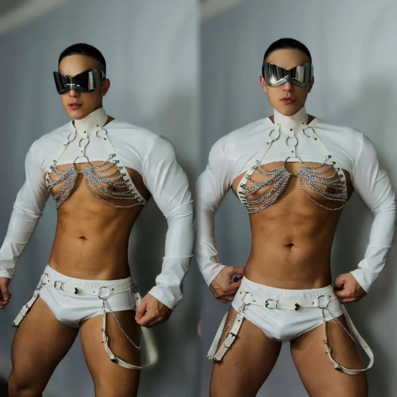 

Muscle Man Club Party Show Rave Outfit Sexy Nightclub Bar White Chest Chains Pole Dance Costume DJ Dancer Performance Clothes