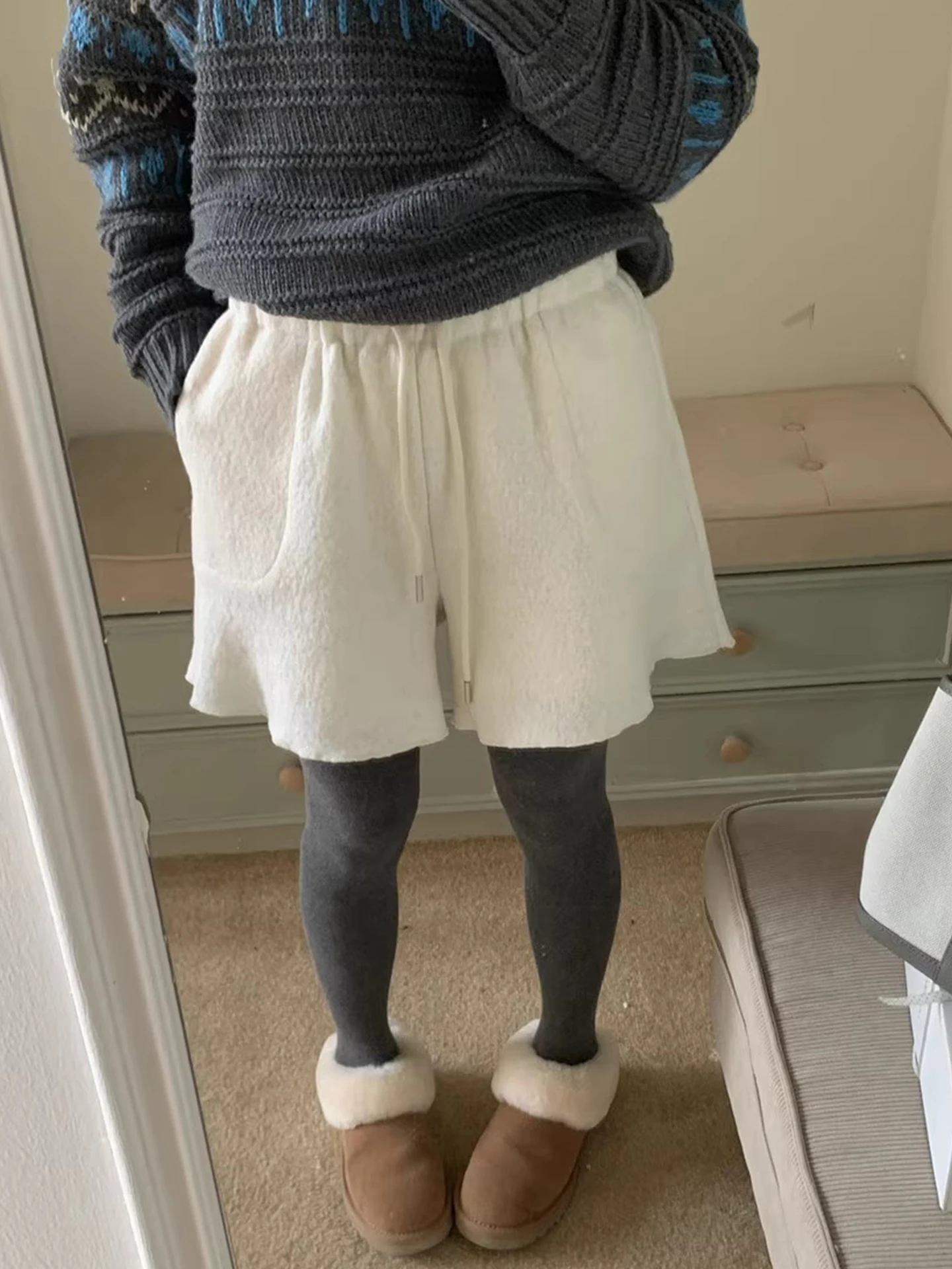 السيدات مستقيم الساق الصوفية عارضة السراويل عالية الخصر Dstring واسعة الساق ort السراويل لون نقي كيت تصميم الشتاء Faion #1