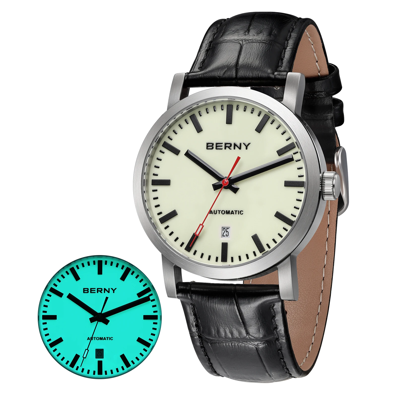 BERNY Automatic Watch for Men Bold Line Easy Read Dial Luxury Sapphire Supper Luminous Mechanical Calendar 5ATM Men's Watches