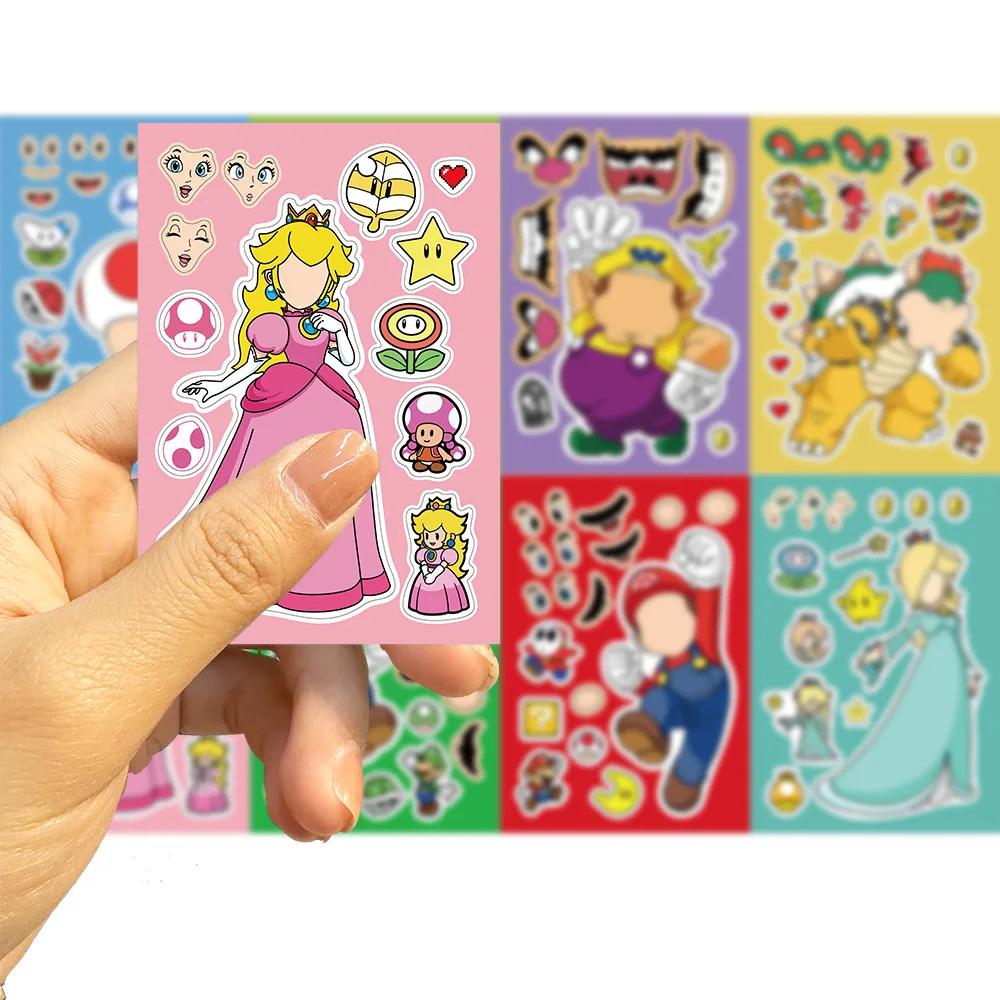 8 Sheets Anime Cartoon Super Mario Bros Puzzle Stickers Game Kawaii Make A Face Stickers Cute DIY Funny Sticker Toy Kids Gift