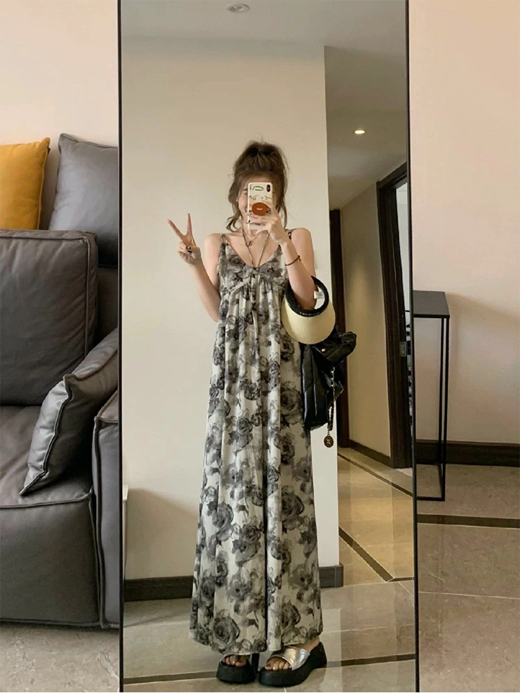 

plus Size Rose Print ter Dr Summer Beach Vaion Bal Sexy Long Skirt Korean Sle V-ne High Waist A-line Dr