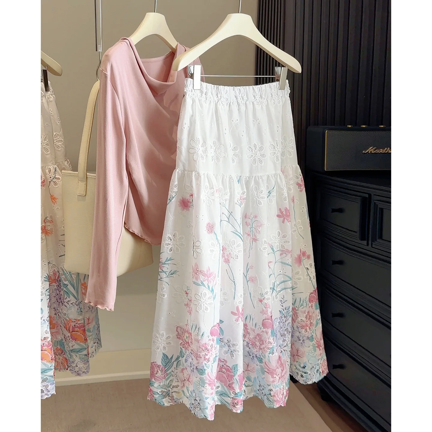 2026 New Casual A-line Midi Skirt for Women, Heavy Embroidery Hollow Floral Design