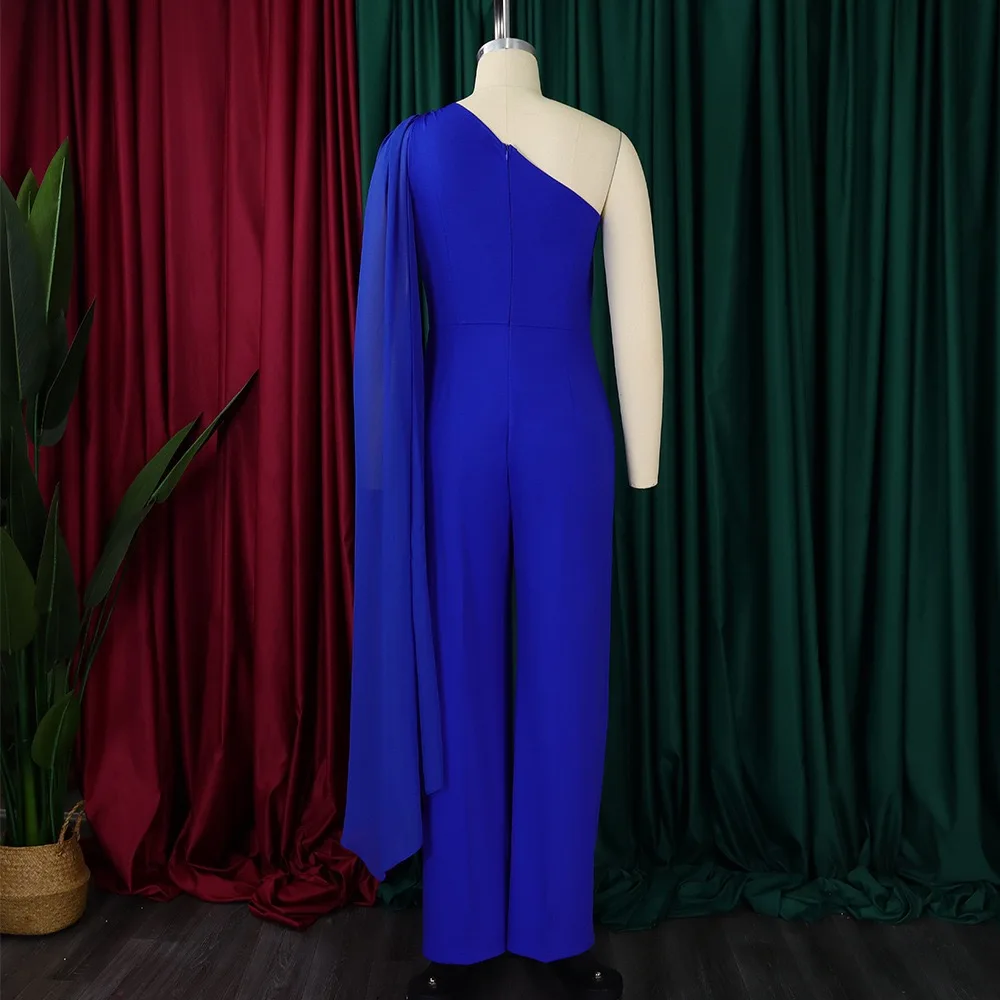 Elegant Jumpsuits & Romper for Woman One Shoulder Flying Sleeve Belt Waisted Floor Length Luxury Birthday Party Celebrate Outfit
