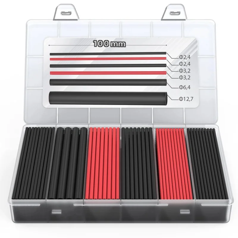 140 Stück Schrumpfschlauch – 3:1 Schrumpfschlauch mit Kleberückseite, 10 cm pro Stück, Schwarz Rot Ø12,7/6,4/3,2/2,4 mm, Industriequalität