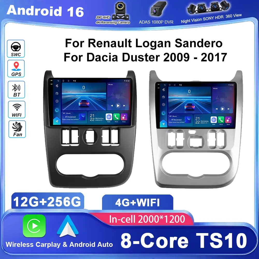 Navegação GPS Android 16 para Renault Logan Sandero e Dacia Duster 2009 - 2017, Rádio Automotivo Estéreo Multimídia com Carplay