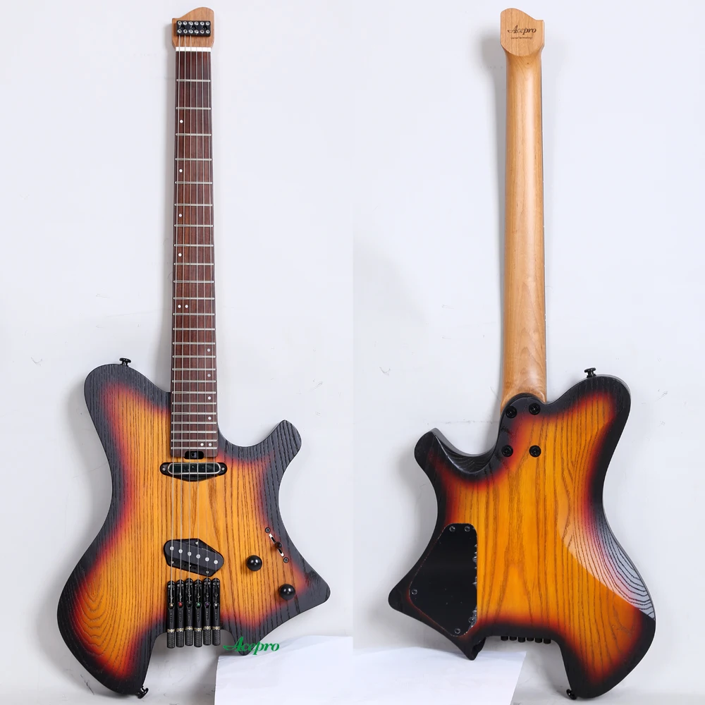 In Stock Acepro Tele Headless Electric Guitar Stainless Steel Frets Single Pickups Vintage Sunburst Roasted Ash Body Guitarra