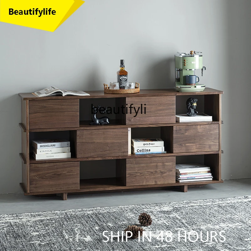 

North American black walnut floor-to-ceiling bookcase storage display case with door, sofa side storage and dining side cabinet