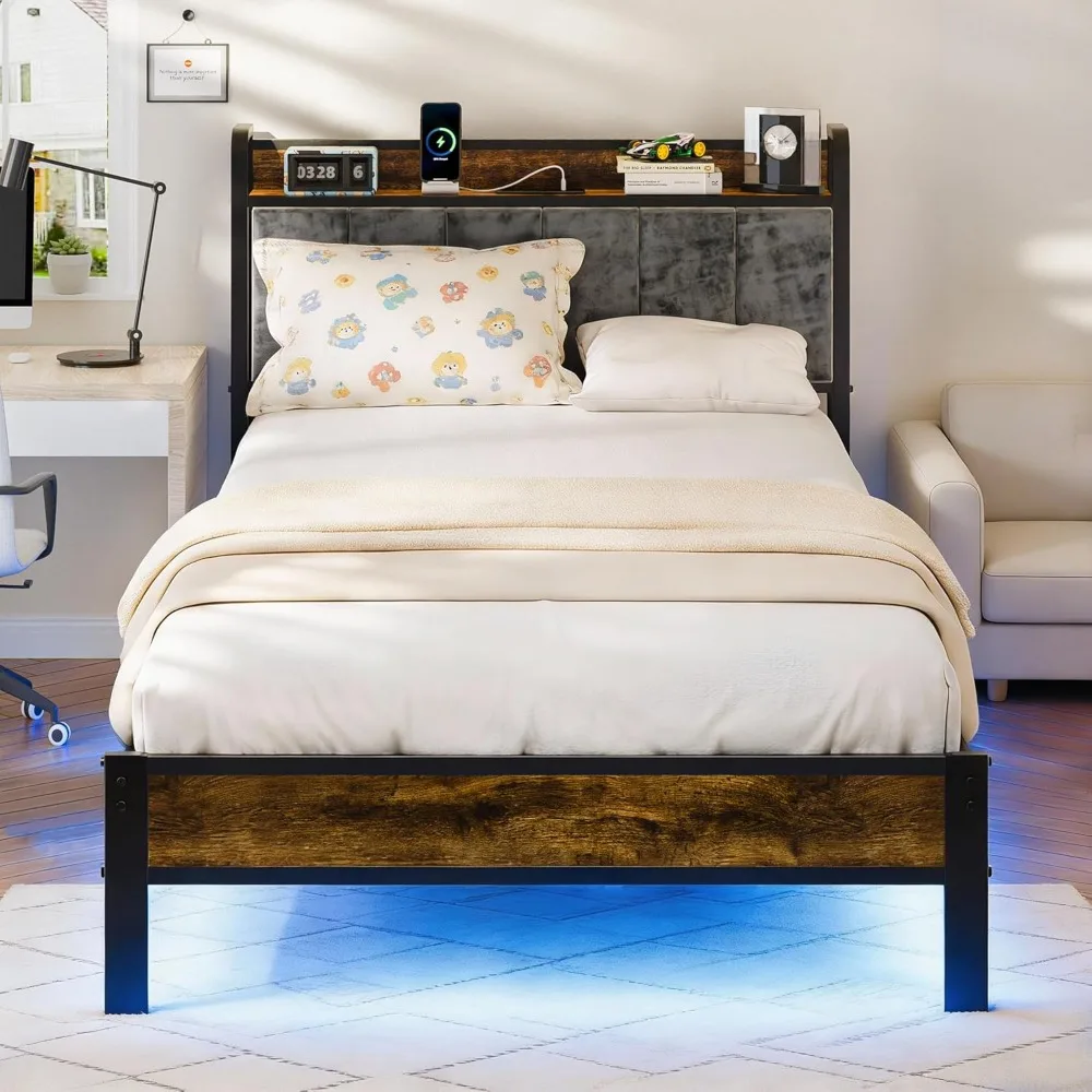 Twin Size Bed Frame with LED Lights and Charging Station, Upholstered Headboard with Storage