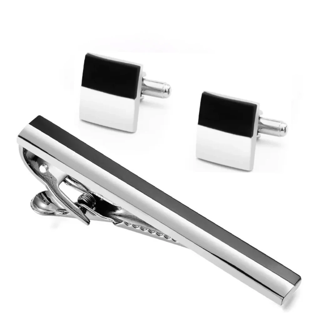 Fashionable Black and White Tie Clip Cufflink Set Retro French Sleeve Studs Men's Suit Shirt Decoration Accessories