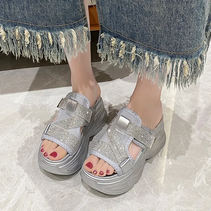 8.5cm Women Platform Slippers Air Mesh Chunky Sandals Beach Shoes Bling Wedge Heels Peep Toe Slides Ladies Outside Flip-Flops