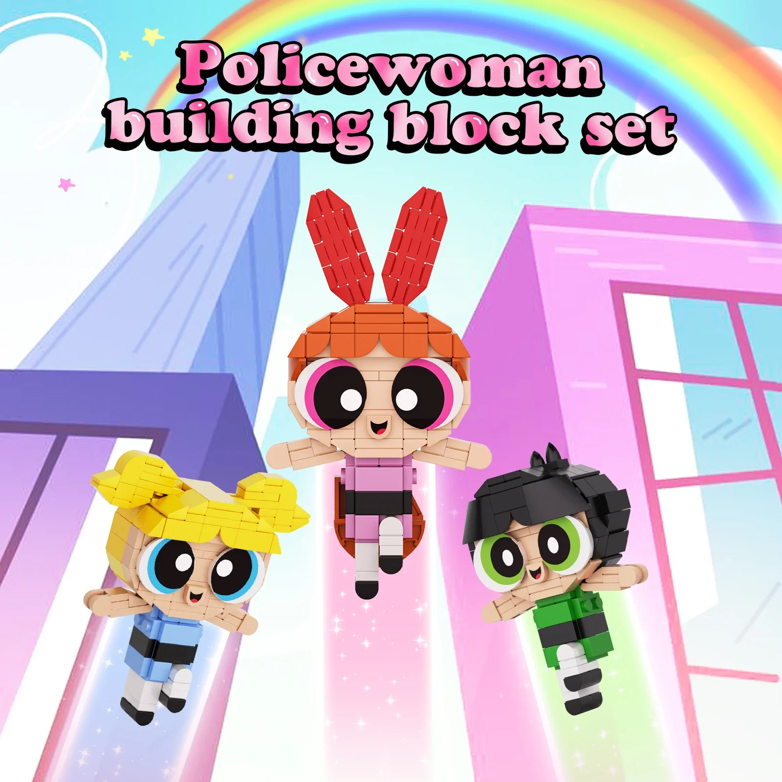 MOC 3 szt. Powerpuffed Girls zestaw klocków budowlanych animacja kreskówkowa bohater figurki Model kwiaty/pęcherzyki cegły dziewczyny prezenty