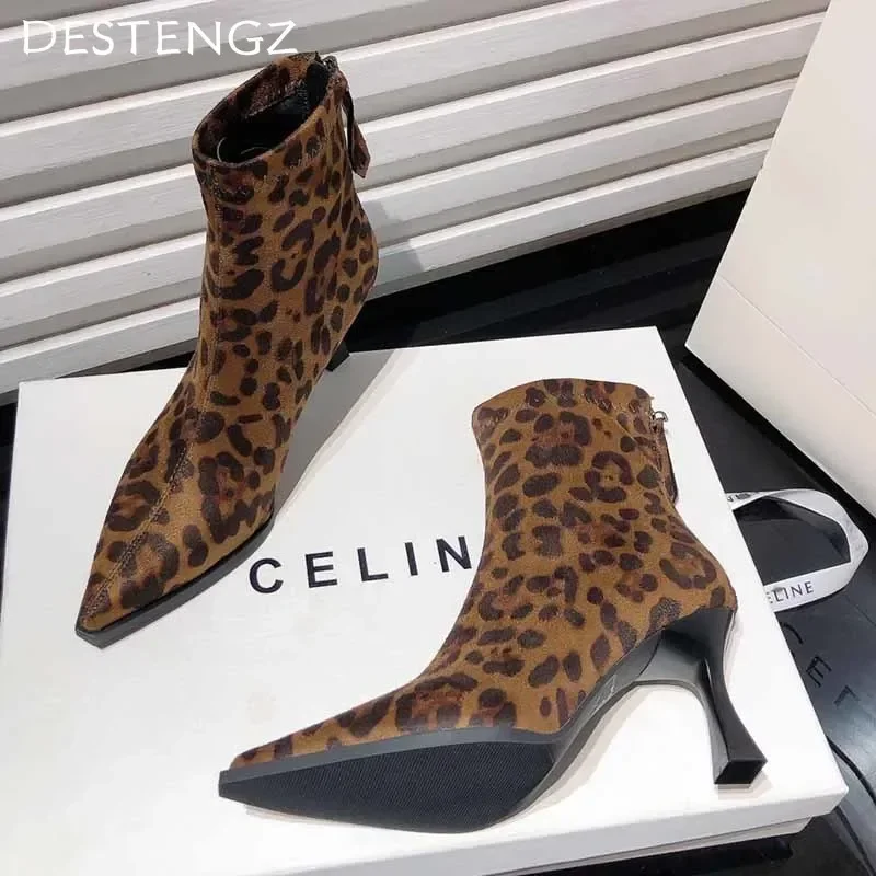 Leopard High Heels Ankle Boots Pointed Toe Fashion Suede Walking Shoes Brand Pumps Designer Dress Goth Botas Mujer