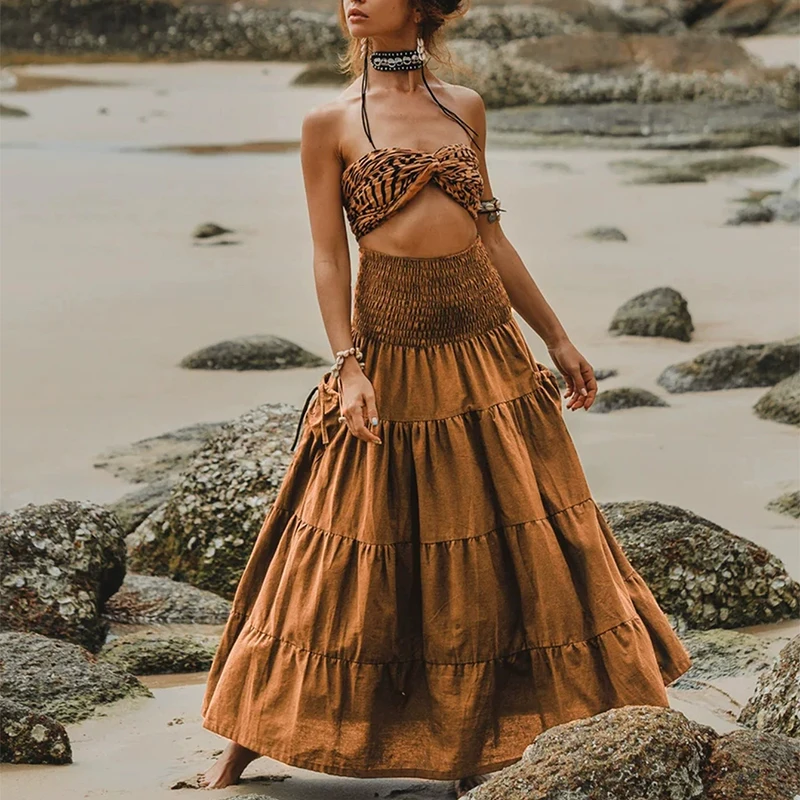 2026 frühling Sommer Urlaub Böhmischen A-linie Rock Dame Vintage Einfarbig Langen Rock Beiläufige Lose Elastische Taille Falten Rock