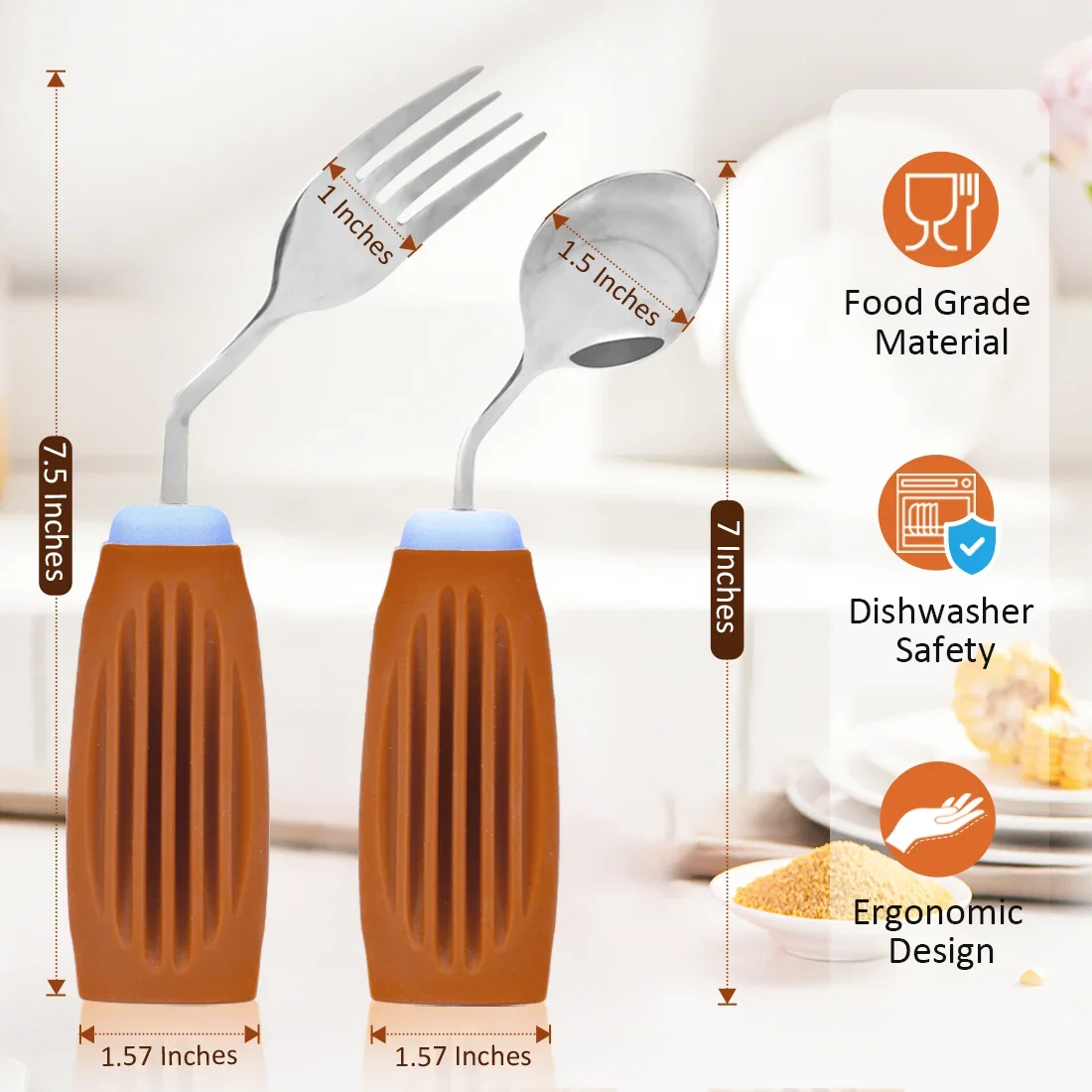 Ehucon Thick Solid Weighted Adaptive Utensils Set Non-slip Round Handle Dishwasher Safe Elderly Curved Eating Spoon and Fork