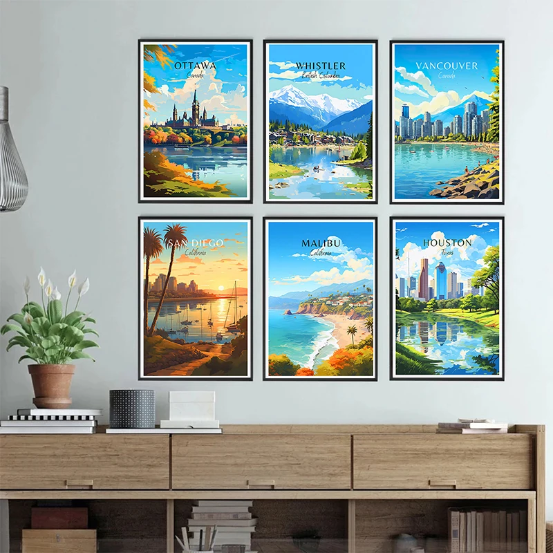 Hamptons Houston San Diego Phoenix  North American Tourist Cities Travel Poster Canvas Painting Cityscape Wall Art Home Decor