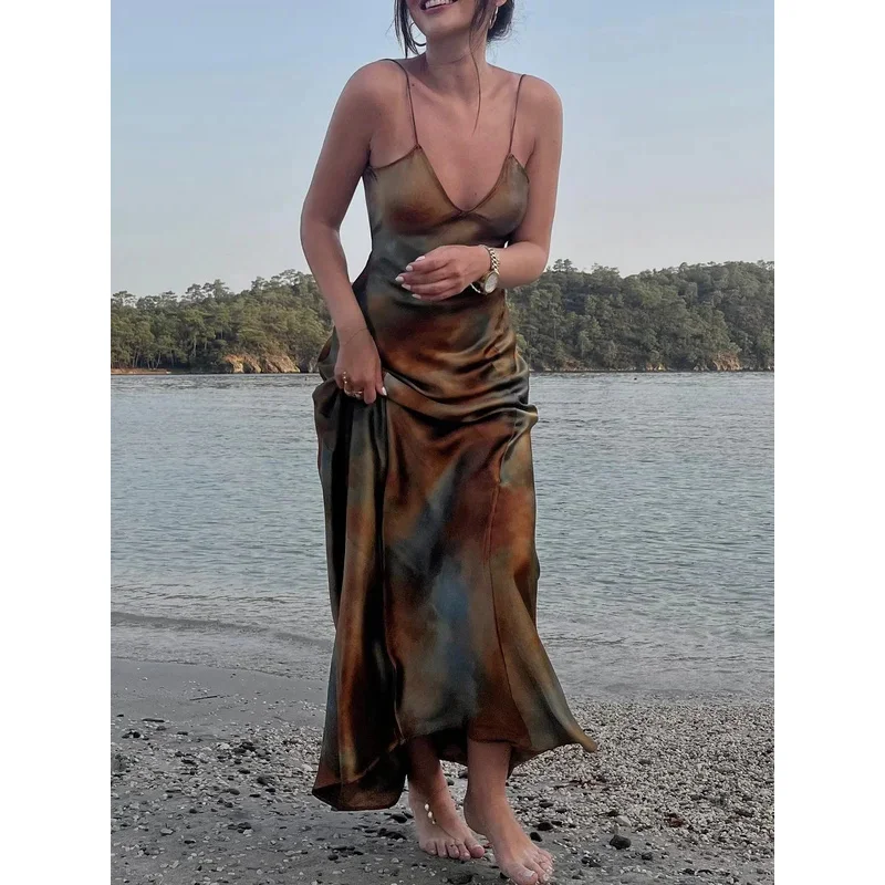 Vestido largo Vintage de satén teñido anudado con cuello en V y tirantes sin espalda para mujer, vestido Sexy de fiesta de vacaciones de verano a la moda