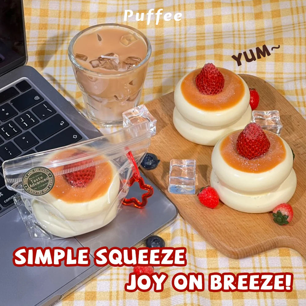 Brinquedo mole de silicone de qualidade alimentar com soufflé de morango, mole artesanal, brinquedo de apertar adesivo macio cremoso, panqueca doce