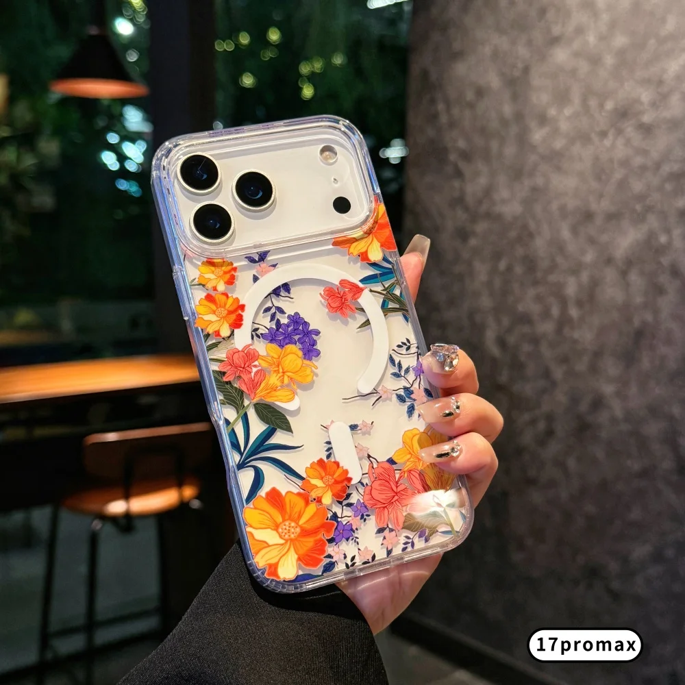 Casing Ponsel Magnetik Desain Elemen Bunga Cat Air untuk iPhone 17 16 15 14 13 12 11 8 7 Air Plus Pro Max, Penutup Tpu Transparan Lembut