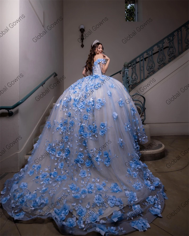 فساتين أميرة قبالة الكتف الكرة فساتين Quinceanera السماء الزرقاء للفتيات مطرز ثلاثية الأبعاد الزهور فساتين حفلة عيد ميلاد الدانتيل حتى الظهر