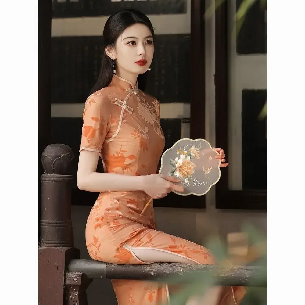 

Улучшенное платье Cheongsam Qipao, новинка 2024, оранжевое летнее повседневное длинное платье для молодых девушек, китайская летняя женская одежда