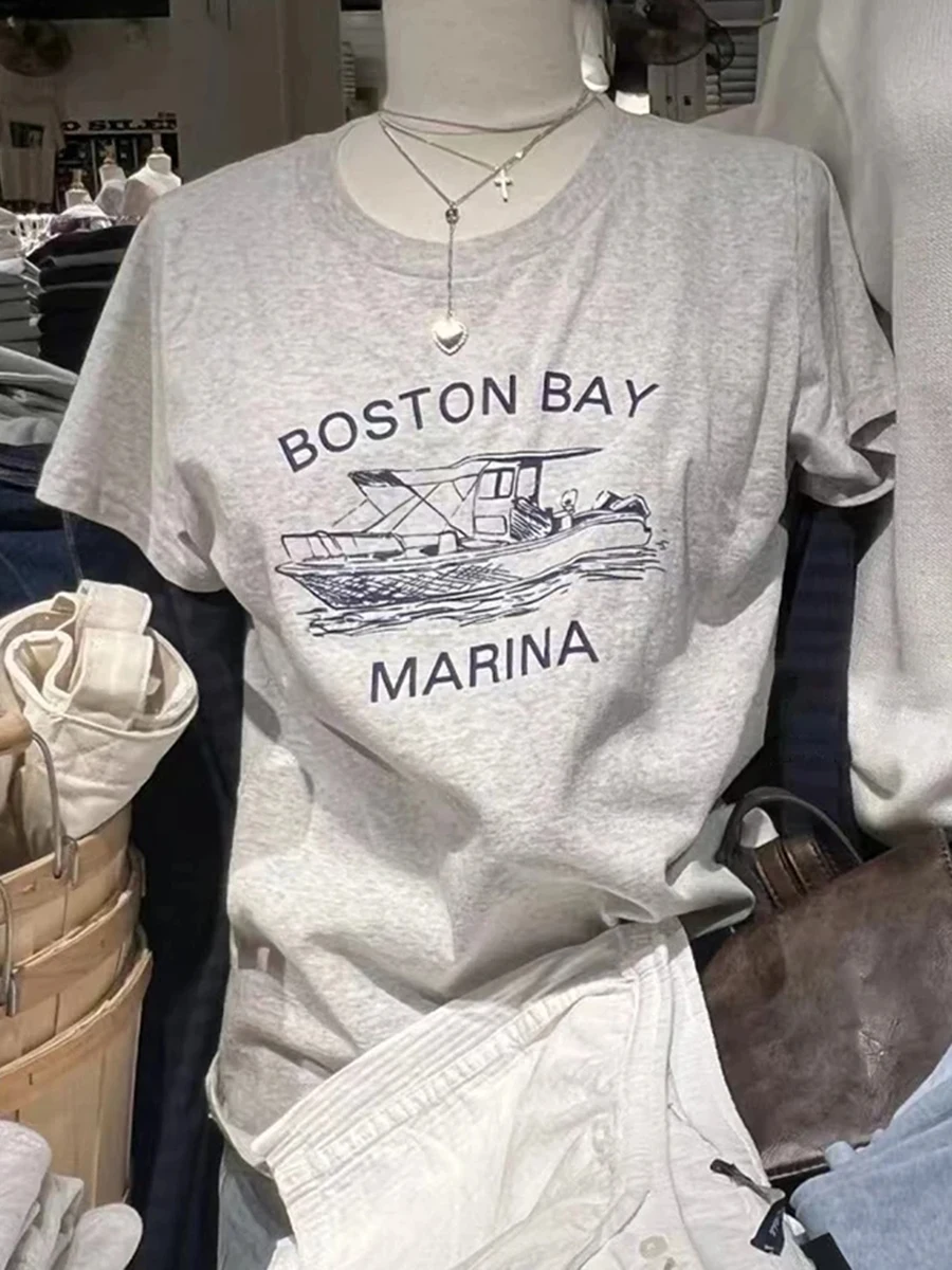 موضة إلكتروني طباعة القطن قصير الأكمام تيز المرأة الصيف رمادي ملابس الشارع الشهير بلوزات مستديرة العنق الملابس خمر شيك Y2K تي شيرت #2