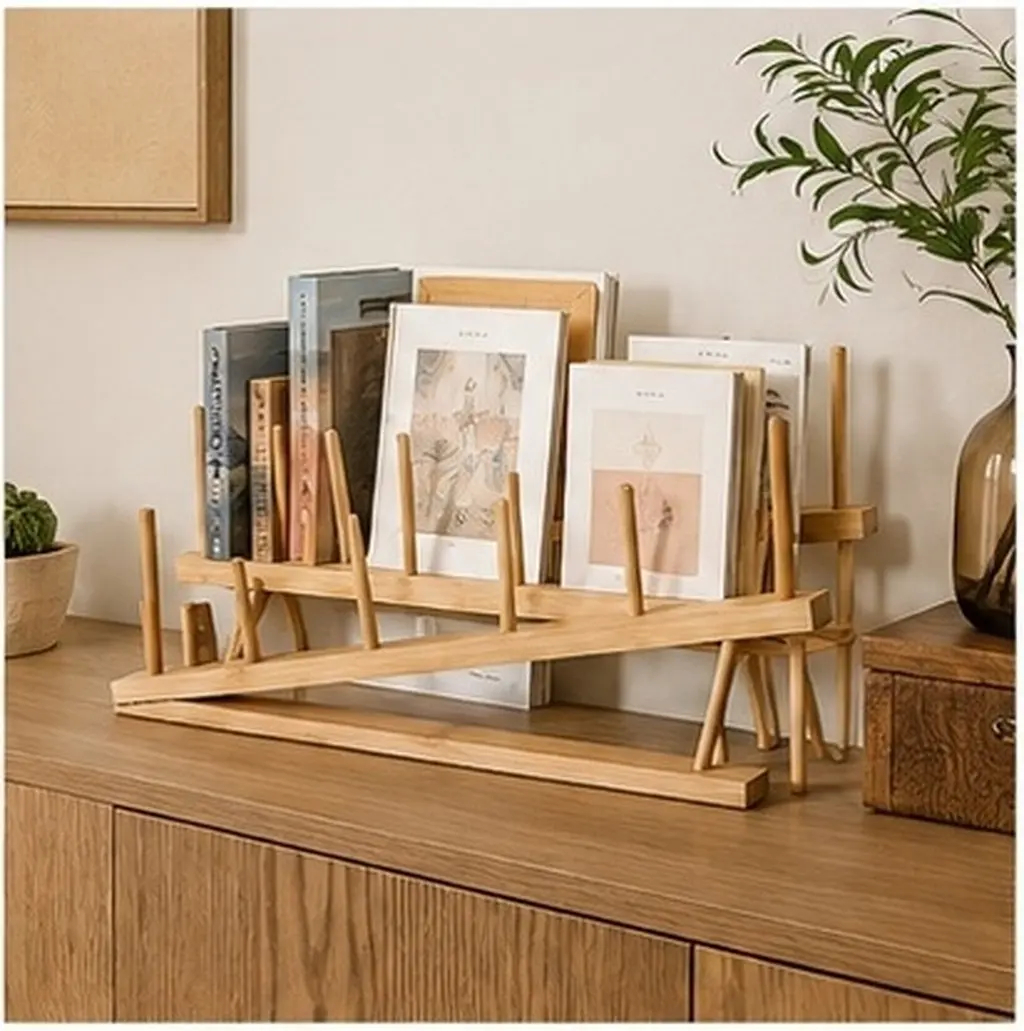 2Pcs Multi-Layer Display Rack Wooden 5 Tier Desktop Organizer Shelf for Books Photo Records Magazines Platters Home Office