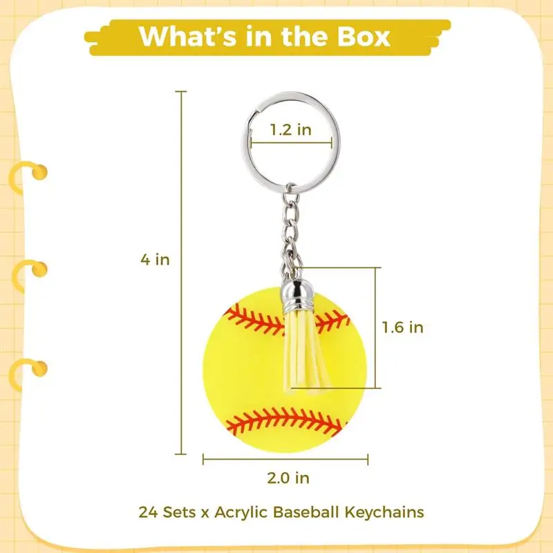 24Pcs Softball Baseball Acrylic Keychains Mini Baseball Key Rings Keychain Tassel Softball Key Ring Blanks For Keys Party Favor