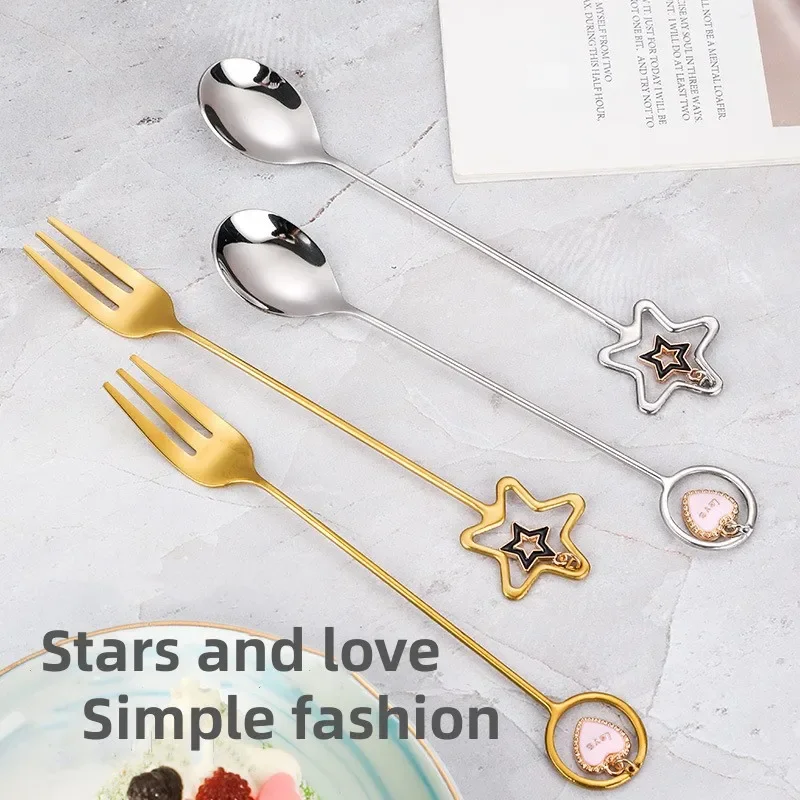 1PC Stainless Steel Coffee Spoon Long Handle Mixing Fork Love Heart Star Pendant Mixing Spoon Fruit Fork Kitchen Tableware