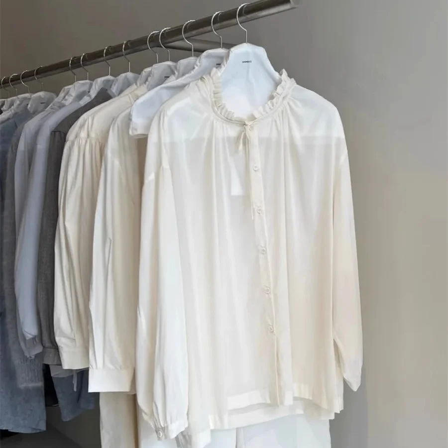 

Amomto Dongda Gate Lace Trim Button Micro See tough Loose Slimming irt Jaet Women's Premium Faion Cotton Str...