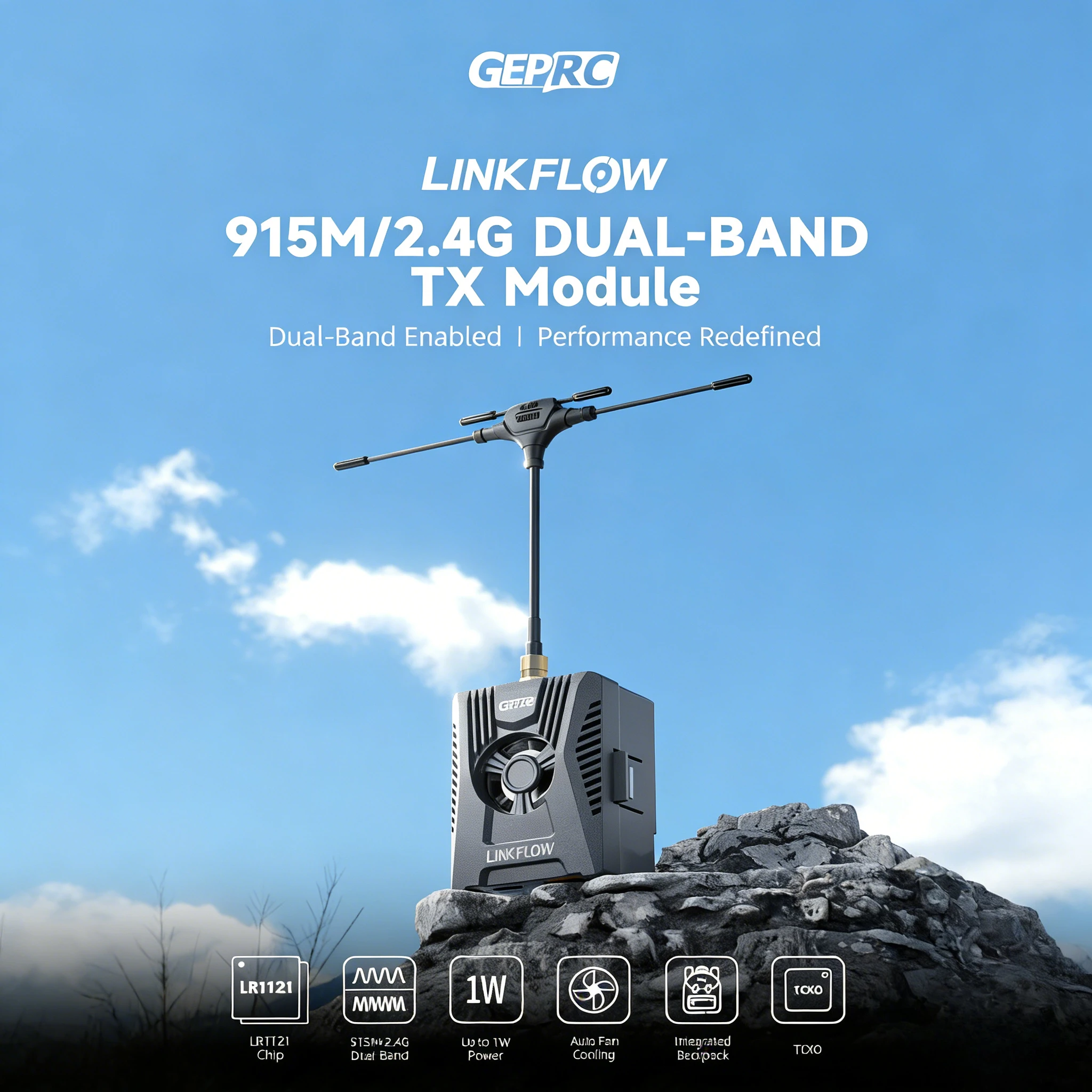 

GEPRC LINKFLOW 915M/2.4G двухдиапазонный одноканальный передатчик, 1000 мВт, ESP32/LR1121, 2-6S, SMA, WiFi/RGB, для FPV-дронов.