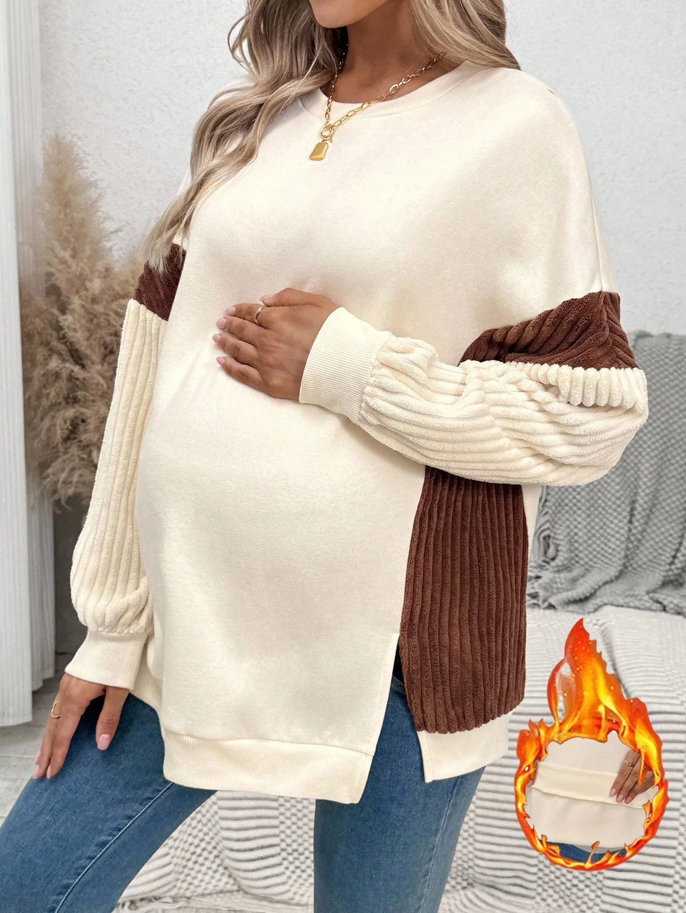 

Maternity Colorblock Drop Shoulder Fleece Sweatshirt, Long Sleeve Casual Pullover for Fall Winter