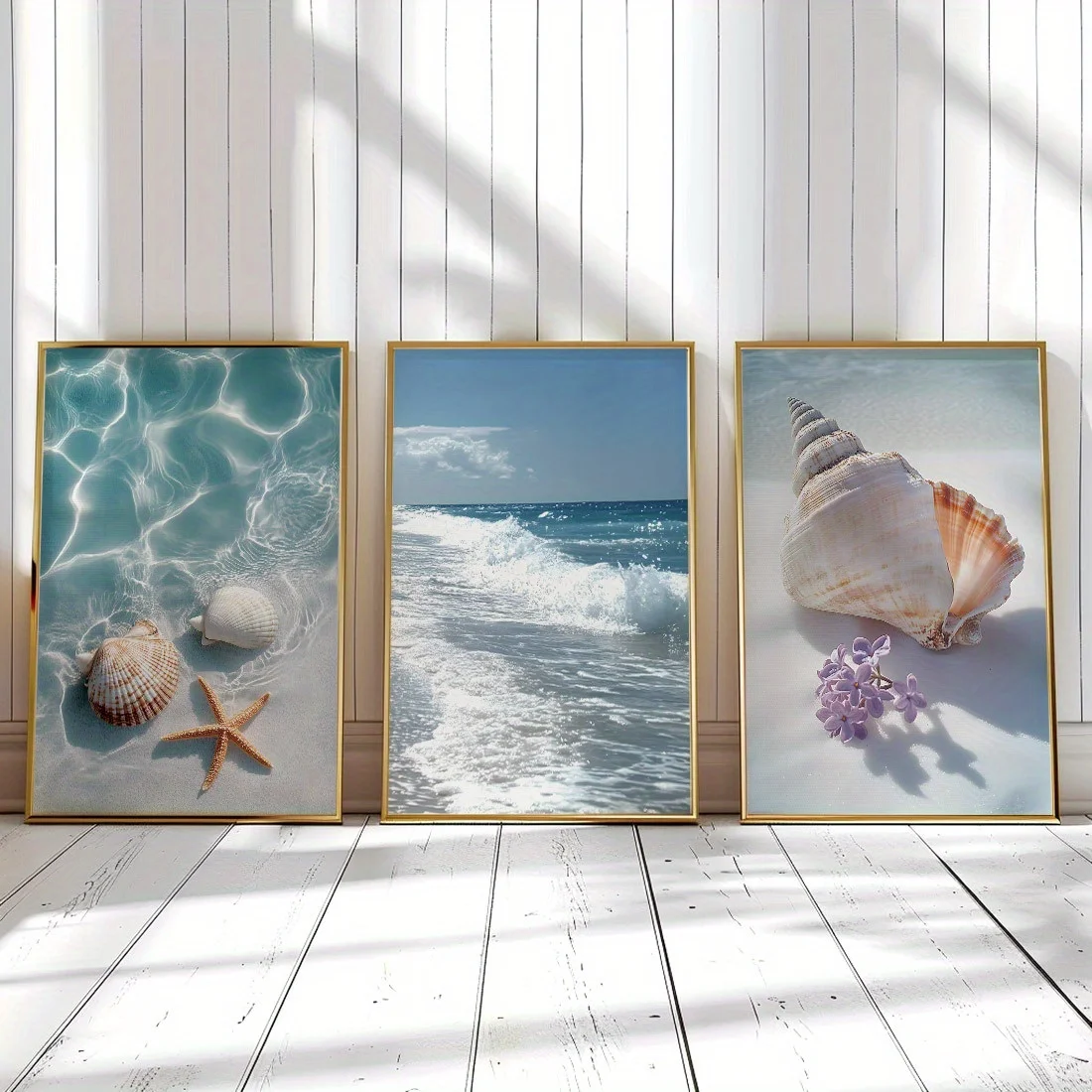 3 قطع من المطبوعات القماشية على الشاطئ، ديكور فني جداري بدون إطار، ملصقات صدف ساحلي ونجم البحر، مثالية لغرفة المعيشة، غرفة النوم #1