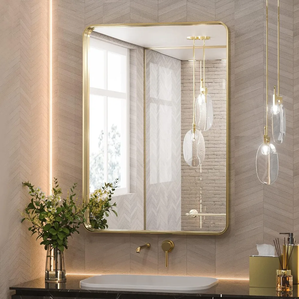 

Gold Framed Mirror for Bathroom, 22x30 Inch Vanity Mirror for Wall, Brushed Brass Rectangle Round Corner Entry Way Golden Frame