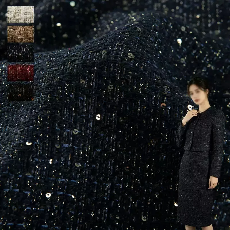 Navy Color and Sequins Woven Tweed Fabric For Jacket Coat Suits Vest Telas Costura Tissus ткань DIY Cloth Sewing Material