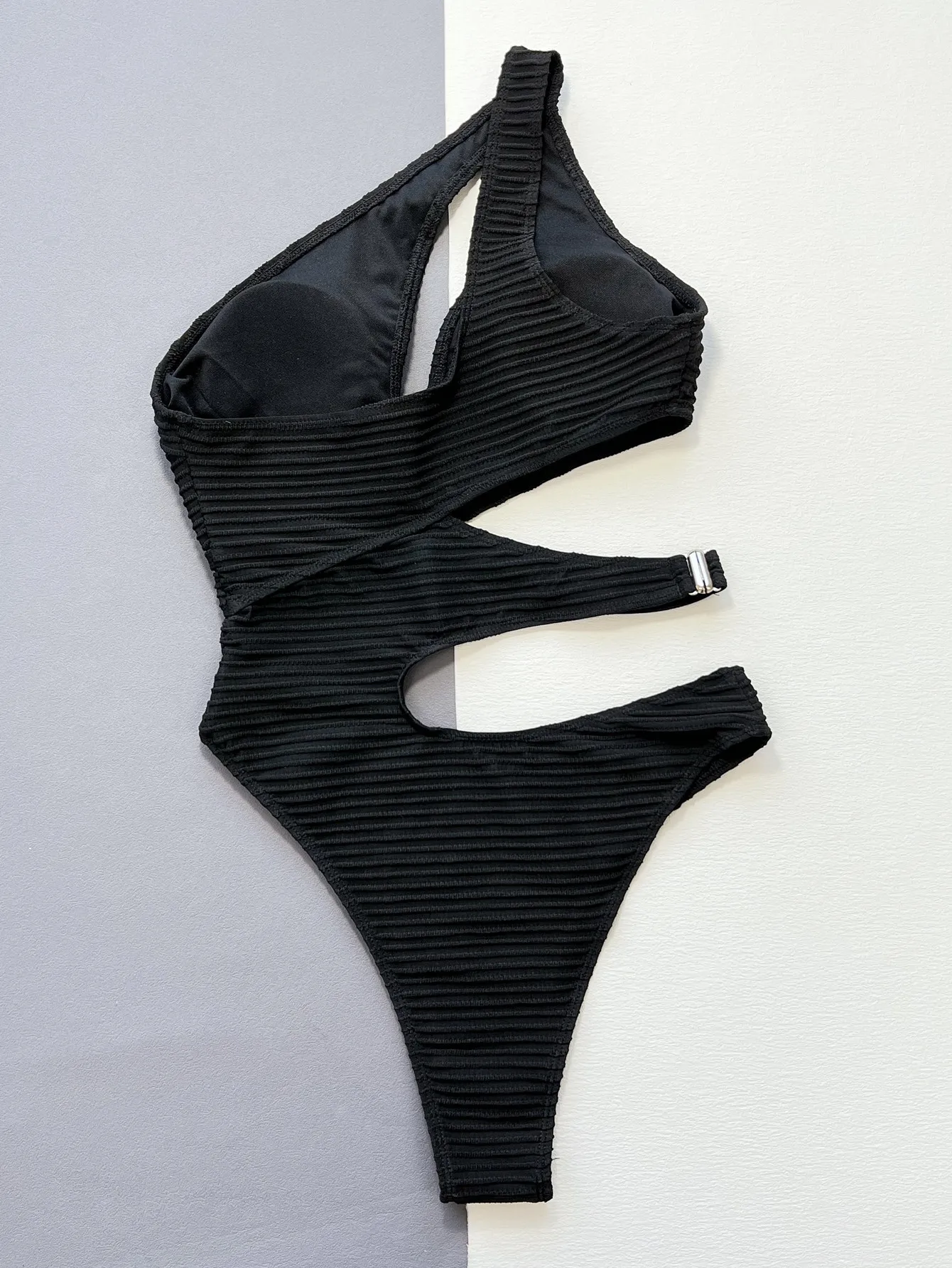 Traje de baño acanalado negro sexy de una pieza con un hombro, Bikinis huecos, trajes de baño, trajes de playa, mono, biquini