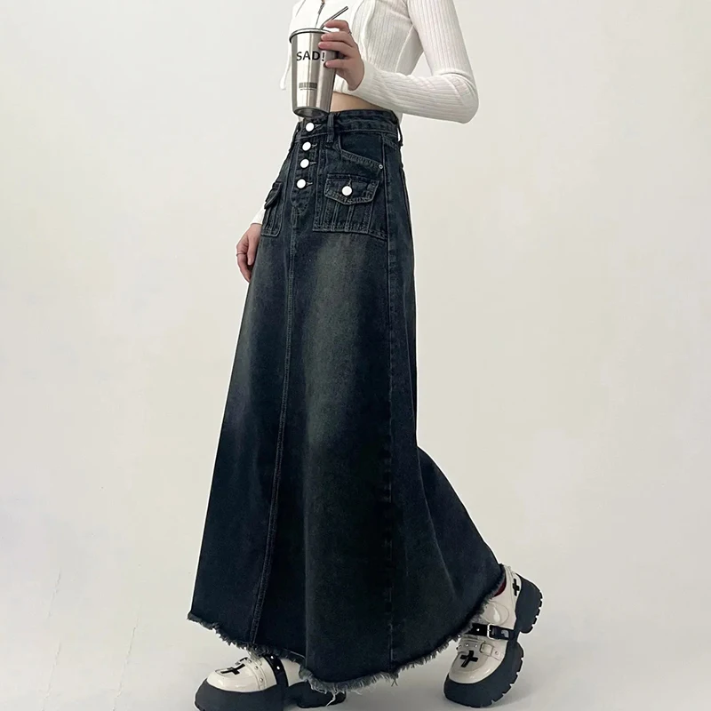 Vintage Denim Long Skirt for Women 2023 Spring Summer High Waist Button Raw Edge A-Line Skirt Female Harajuku Street Jean Skirts