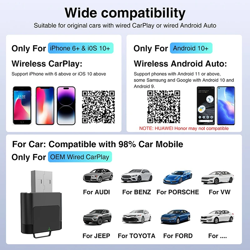 محول Carplay اللاسلكي 2in1 صندوق AI ذكي سلكي إلى Carplay اللاسلكي Android Auto Plug والتشغيل لبنز كيا VW مازدا