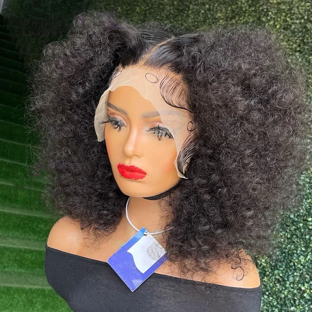 Short Soft Bob Glueless Natural Black 20lnch Kinky Curly Lace Front Wig For Women With Baby Hair Synthetic Preplucked Daily Wig