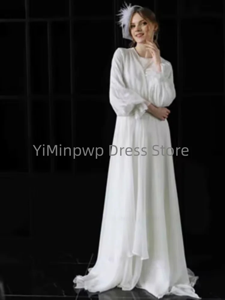 ชุดแต่งงานเรียบง่าย คอทรงโอ แขนพองทรงเอไลน์ สำหรับเจ้าสาวชาวมุสลิม ผ้าชีฟอง สามารถสั่งตัดได้