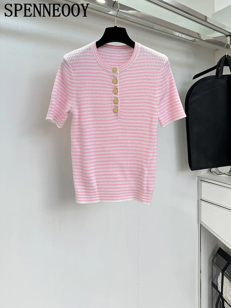 

SPENNEOOY Fashion Runway Spring Summer Pink Striped Knitting Pullovers Women's O-Neck Button Short Sleeve Casual Sweaters