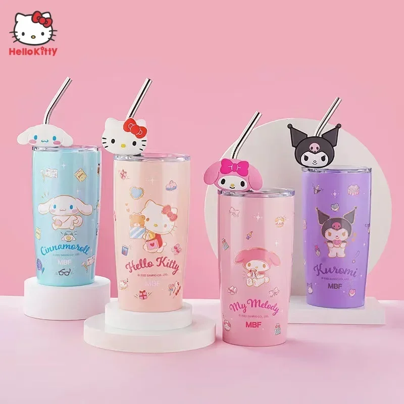 Cangkir air termos Anime Sanrio My Melody Cinnamoroll Kuromi baja tahan karat cangkir minum kartun sedotan dengan tutup hadiah cangkir jus