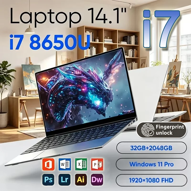 Ordinateur portable Handy 2026 ultra-fin 14,1 pouces, Intel Core i7-8650U, Windows 11 Pro, 32 Go de RAM, 2 To SSD M.2 - Idéal pour le bureau et les études