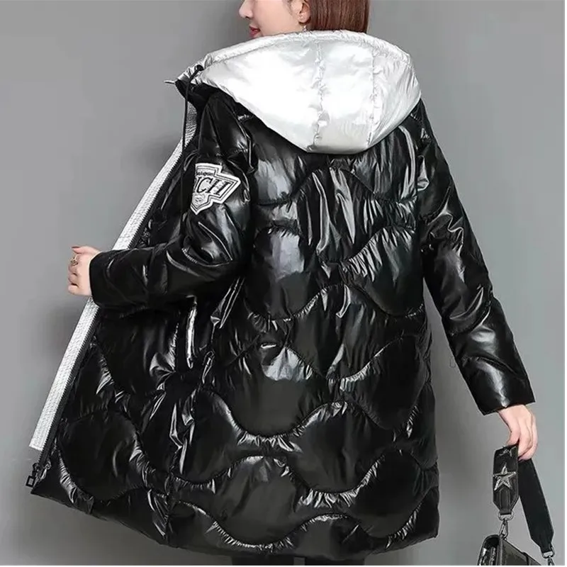 Winter Spliced Glossy Down cotton Jacket Women\'s Clothing 2024 Winter Female New Thicken Parka Warm Loose Hooded cotton Coats