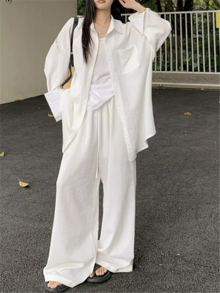 Old Money Lazy Style Black White Two Pieces Sets Linen Casual Loose Shirt&Long Wide Leg Pants Holiday Chic Relaxed 2pc Suits
