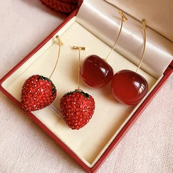 Cherry Strawberry Drop Earrings for Women Red Rhinestone Dangle Earrings Temperament Party Wedding Ear Jewelry Gifts