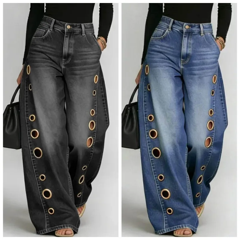 European  American Cross-border New Spring  Summer Women's High Waist Metal Hole Design Casual Loose Jeans Temperament Commuting