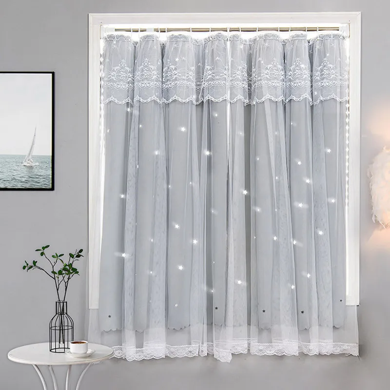 Romantic Lace Tulle Curtain Double Layer Film Covering Shade Cloth Hanging Ring Curtain Living Room Bedroom Blackout Drape Decor