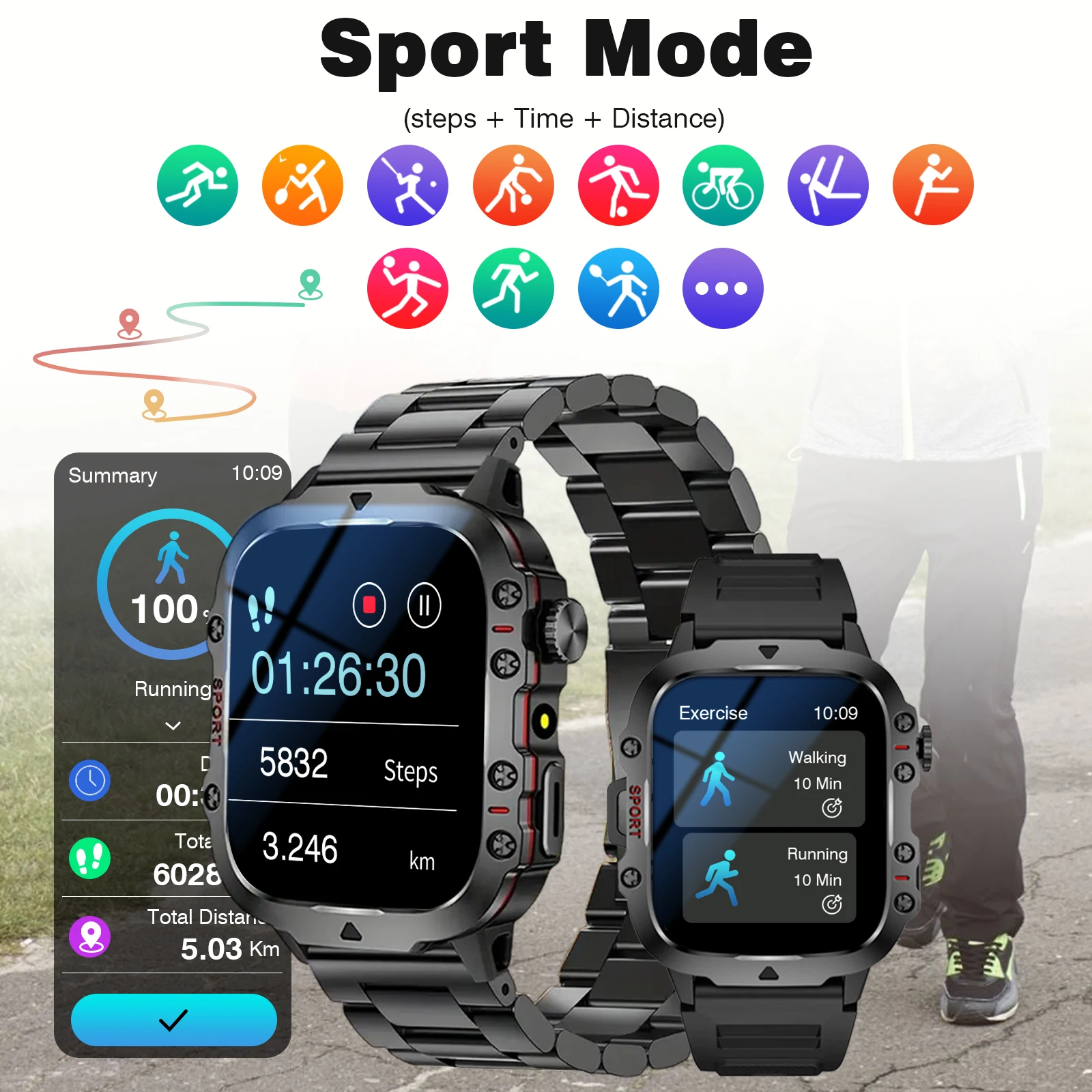 Smart Watch con torcia, chiamate Bluetooth, promemoria messaggio, cinturino in acciaio inossidabile, compatibile con iPhone/Android